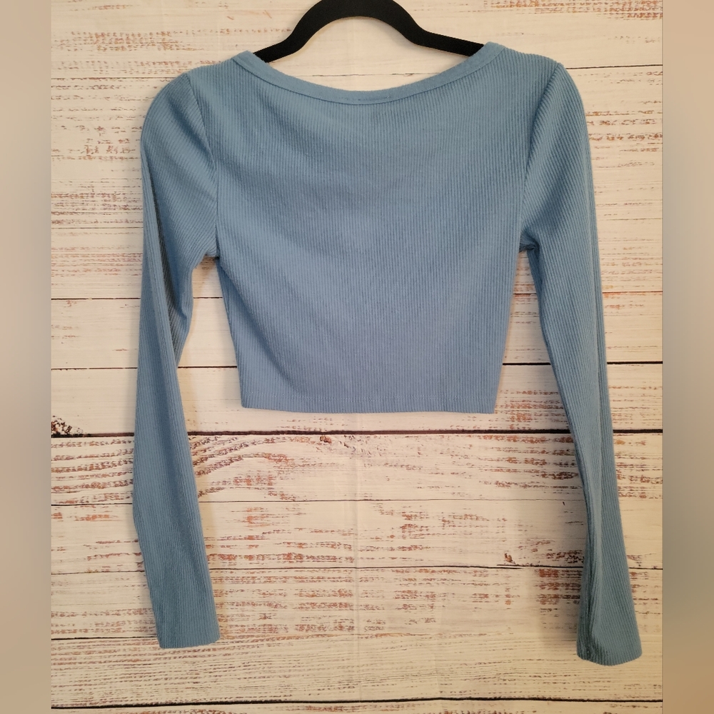 Out From Under Blue Ribbed Cropped button Sweater - Picture 3 of 4